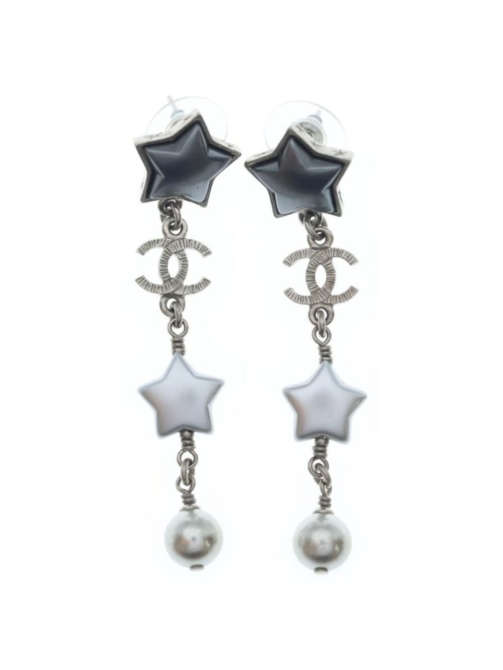 Chanel CC Logo Star Motif Faux Pearl Drop Earrings Silver